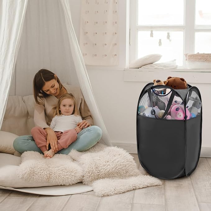 TECHMILLY Pop Up Foldable Laundry Basket, Mesh Laundry Hamper with Reinforced Handles for Dirty Clothes Storage in Dorm, Laundry Room, Bathroom, Black(Fabric)