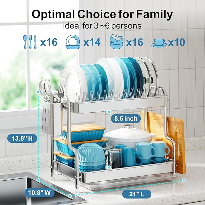 GSlife Dish Drying Rack for Kitchen Counter - Stainless Steel 2 Tier Dish Drainer with Drain Board, Stainless Steel Utensil Holder, Cutting Board Holder, 21" L x 10.8" W x 13.8" H, Silver