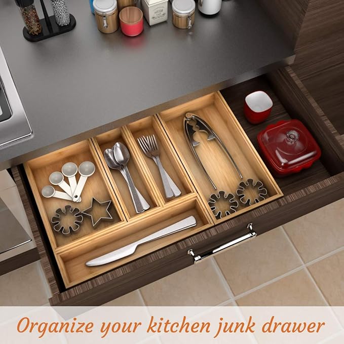 Utensil Organizer Silverware Drawer Organizer - Stackable Bamboo Flatware Caddy Cutlery Holder, Wooden Storage Boxes Tray for Bedroom,Office, Bathroom, Vanity & Garage Tool Organization(9"6"2.5")