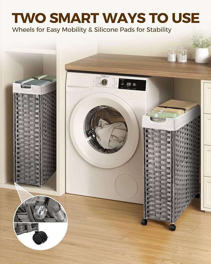 Greenstell Laundry Hamper with Wheels, 17.4 Gallon (66L) Slim Laundry Basket with 2 Removable Liner Bags & 2 Mesh Bags, Narrow Rattan Clothes Hamper for Bedroom, Laundry Room, Bathroom, Grey