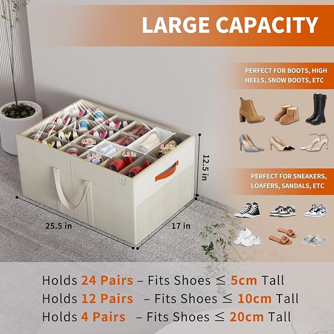 Aokeyee 2 Pack Shoe Organizer for Closet, Large Shoe Storage Box Fits up to 48 Pairs, Space Saving Foldable Shoes Organizer Bin w/Clear Cover and 4 Reinforced Handles, Beige