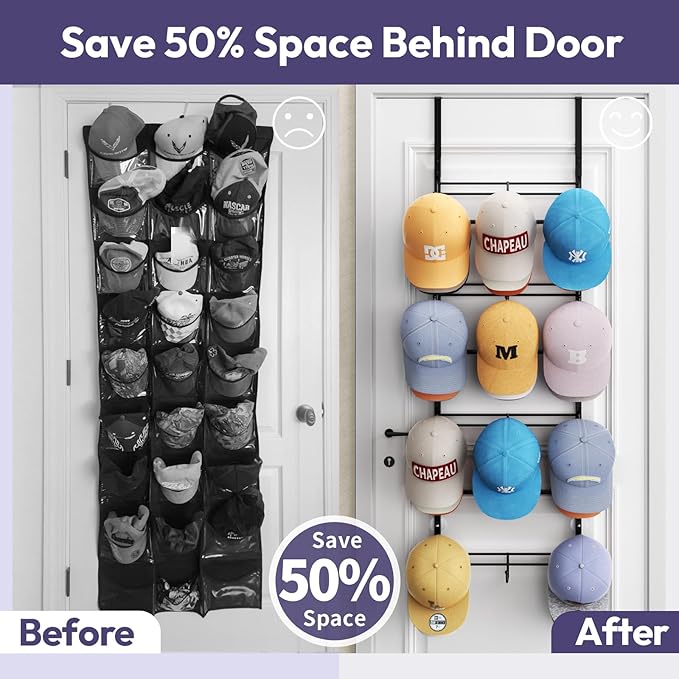 SWTYMIKI Over Door Hat Organizer - 4 Tier Metal Adjustable Wall Mounted Hat Rack with 12 Hooks Design, Hanging Baseball Cap Organizer Storage Holds up to 36 Caps for Door, Bedroom, Closet