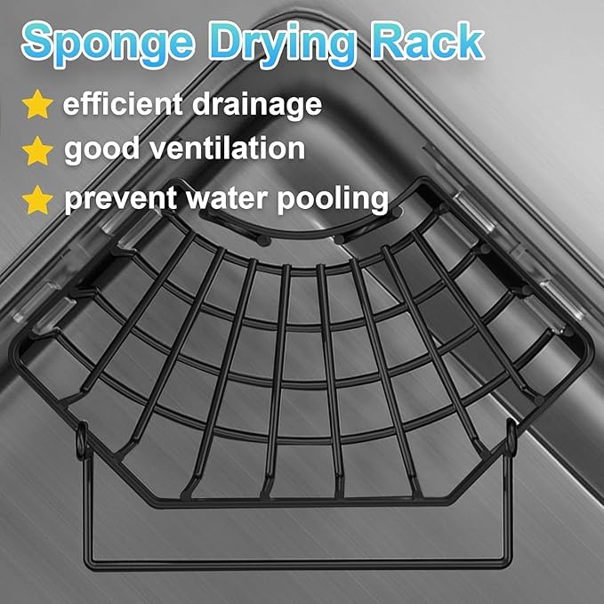 Corner Sink Sponge Drying Rack with Towel Bar, Black Stainless Steel, Multipurpose Kitchen Organizer, Self-Adhesive Installation