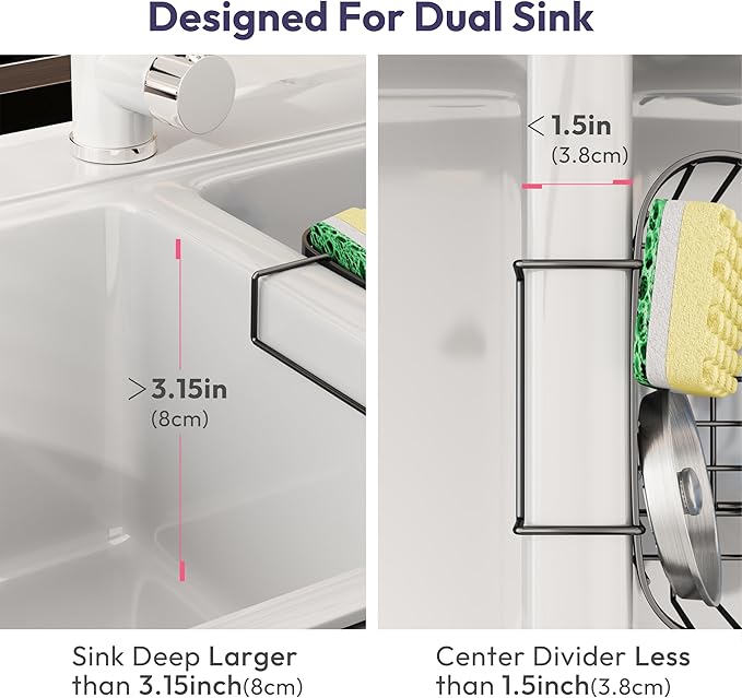 SWTYMIKI Sponge Holder for Kitchen Sink - Movable Kitchen Sink Caddy with M Shape Hook, Stainless Steel Hanging Sponges Caddy Organizer in Double Bowl Sinks Depth>3.15in, Middle divider<1.5in, Black