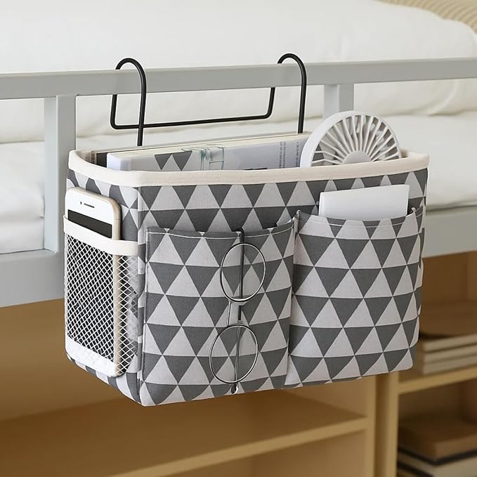 Bedside Caddy Organizer Hanging Storage Basket with Large Pockets & Hooks, Heavy-Duty Canvas Bedside Organizer for Bunk Beds, Dorm Rooms, Hospital Beds & Small Spaces (Gray Triangle Pattern)