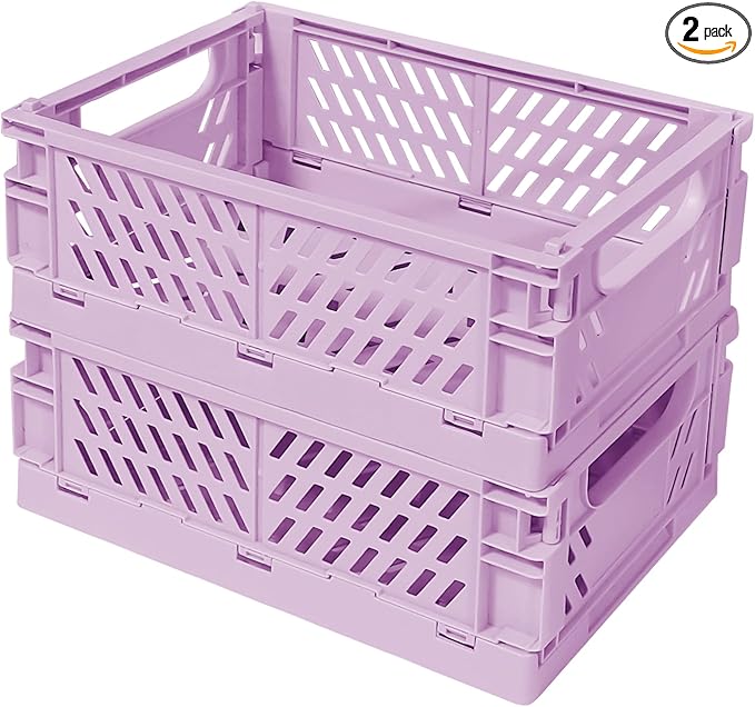 Pastel Plastic Storage Baskets 2 Pack, Collapsible Crates for Organizing, Space-Saving Bins for Kitchen, Office, Bedroom (Purple, Small: 5.8"x 3.8" x 2.2")