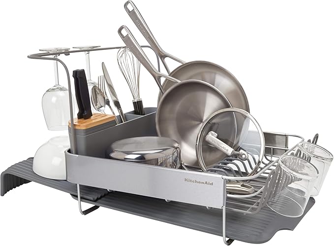 KitchenAid Compact to Full Size Expandable, Rust Resistant Satin Coated Dish Rack with Angled Self Draining Drain Board and Removable Flatware Caddy, 24-Inch, Charcoal