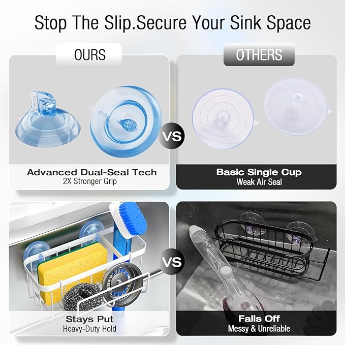 3-in-1 Kitchen Sink Caddy Organizer with Sponge Holder, Brush Holder, Extra Rack for Scrubber, Sink Stopper, Dish Cloth Hanger - Strong Dual Suction Cup, 2.0mm SUS304 Stainless Steel - White