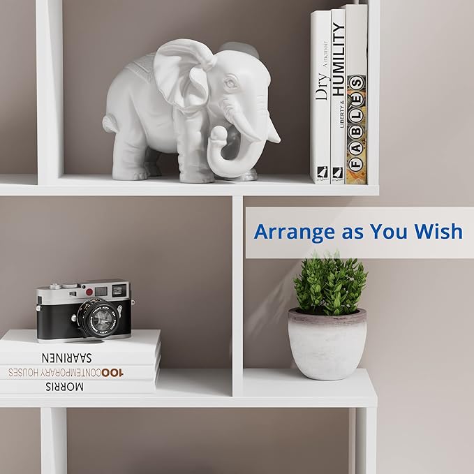 Cozy Castle Set of 2 Geometric Bookcase, S-Shaped Modern Bookshelf, Room Divider Bookshelf, 62" Tall Unique Abstract Bookcase with 5-Tier Display Shelf for Living Room Office, White & Black