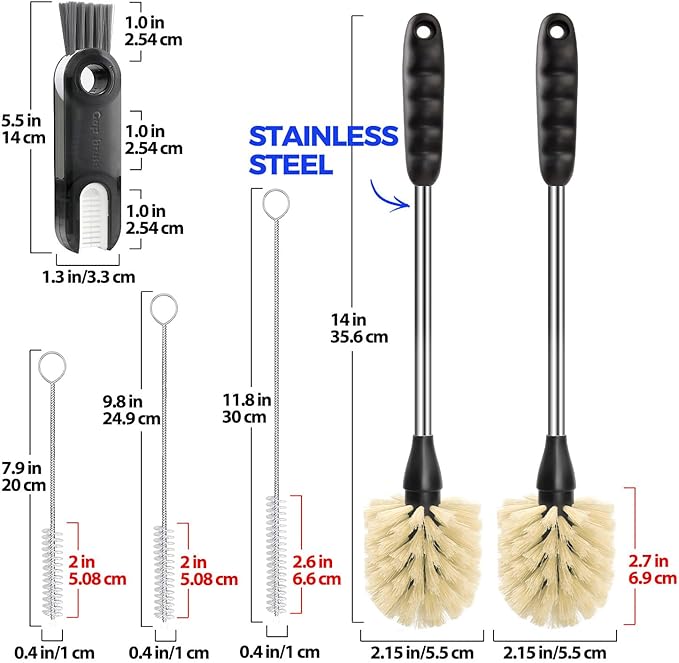 Holikme 6 Pack Bottle Brush Tube Set, 14" Long Handle Stainless Steel Bottle Cleaner Brush, 3 Straw Brushes, Portable 3-in-1 Bottle Cleaning Brush for Water Bottle, Cups, Baby Bottle, Straws Yellow
