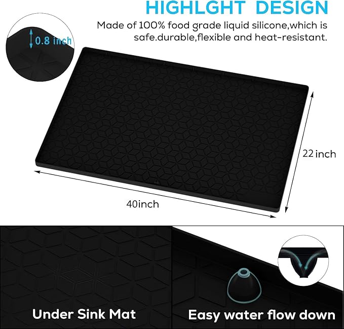 Under Sink Mat for Kitchen, Silicone Waterproof Liner, Flexible Organizer Tray with Drain Hole, 3.4 Gallons Capacity, Easy to Clean