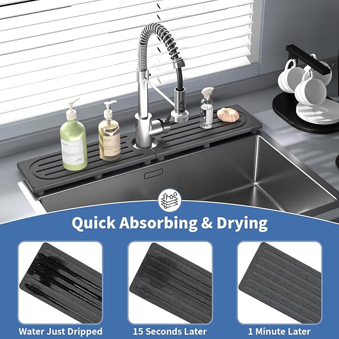 Faucet Mat for Kitchen Sink, Water Absorbent Kitchen Faucet Mat, Durable Sink Splash Guard with Raised Feet, Diatomite Fast Drying Kitchen Sink Faucet Mat, Stone Drying Tray for Bathroom Counter