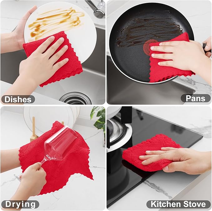 Homaxy 12 Pack Kitchen Dish Cloths (10 x 10 Inches, Red), Super Soft and Absorbent Coral Velvet Dish Towels, Nonstick Oil Fast Drying Microfiber Cleaning Cloth, No Lint Household Dishcloths