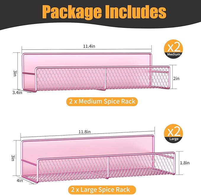 Magnetic Spice Rack for Refrigerator, 4 Pack 100% Metal Strong Magnet Fridge Shelves, Space Saving Spice Organizer, No Drilling Moveable Home Kitchen Laundry Room Storage Organization, Pink