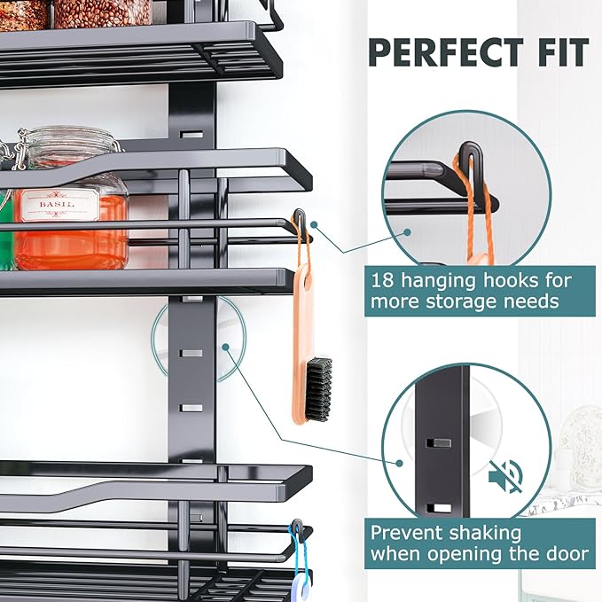 Over The Door Pantry Organizer，9-Tier Over The Door Organizer with Adjustable Basket，Metal Hanging Pantry Organizers and Storage for Kitchen, Back of Door Seasoning Rack (Black)
