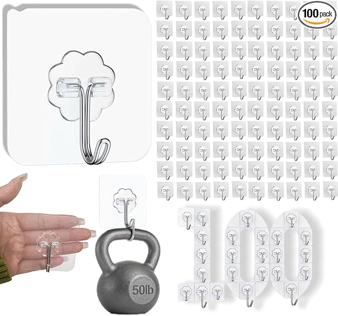 DDMY 100 Pack Heavy Duty Self Adhesive Hooks 50 lbs Transparent Reusable Sticky Wall Hooks for Hanging Waterproof Adhesive Hooks for Kitchen, Towel, Bathroom Shower, Office, and Outdoor No Damage