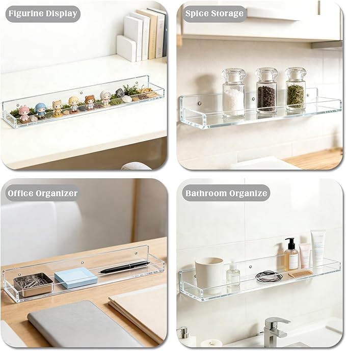DEDC 3 Pack Shot Glass Display Case for Wall Clear Acrylic Floating Shelves (16.5") for Skincare and Miniatures Secure Kitchen Spice Rack with Side Guard Rails Sleek Wall Holder for Small Bottles