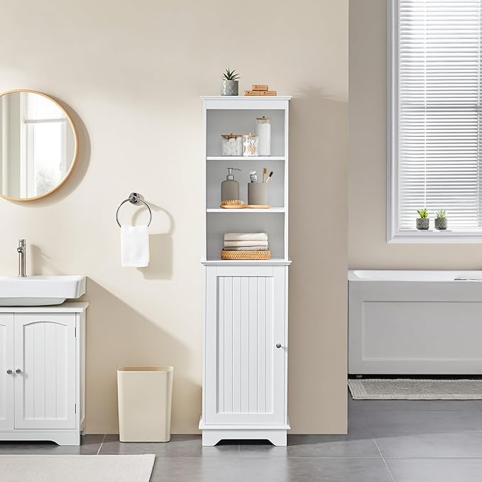 Yaheetech Tall Slim Storage Cabinet with 3 Shelves & Door, Freestanding Linen Cabinet for Bathroom, Living Room, Entryway, 16 x 12 x 60.5 Inches, White