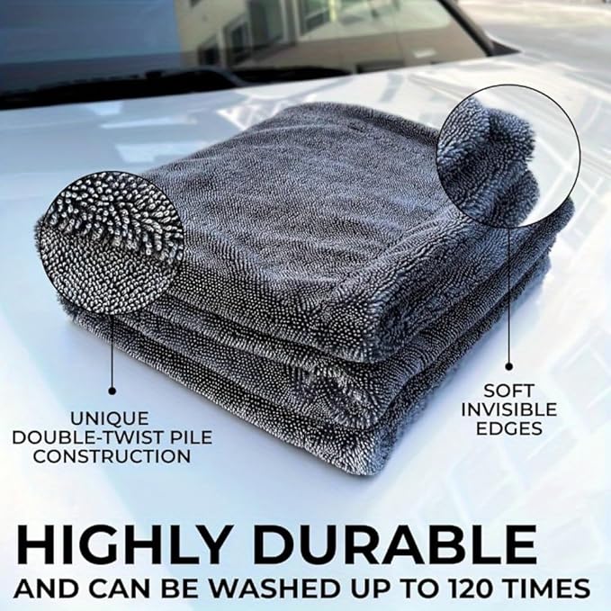 1200GSM Microfiber Car Drying Towel, Double-Twist Loop, Ultra-Absorbent, Quick-Dry, Lint- & Streak-Free, Scratch-Safe, for Car Wash & Detailing (1 Pack) (Dark Grey, 16" x 24")