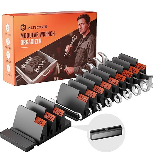 32 PCS Wrench Organizer for Tool Drawer Storage - Modular Wrench Holder with 6 Magnetic Strip, Wrench Rack with SAE/Metric Labels, Perfect Tool Gift for Mechanics, DIYers, Father, Men, Black