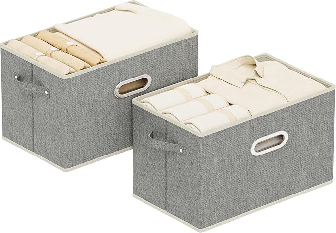 Fabric Open Storage Bins with Metal Handles, Collapsible Organizer Baskets, Foldable Cube Boxes for Shelves, Closet, Living Room, 15x9.8x9.8in, Grey, 2 Pack