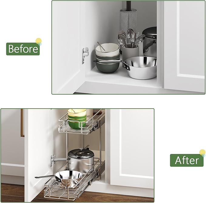 MODCART 2 Tier Individual Pull Out Cabinet Organizer 9" W x 21½" D, Heavy Duty Cabinet Pull Out Shelves, Slide Out Drawers Organization for Kitchen Cabinets Bathroom