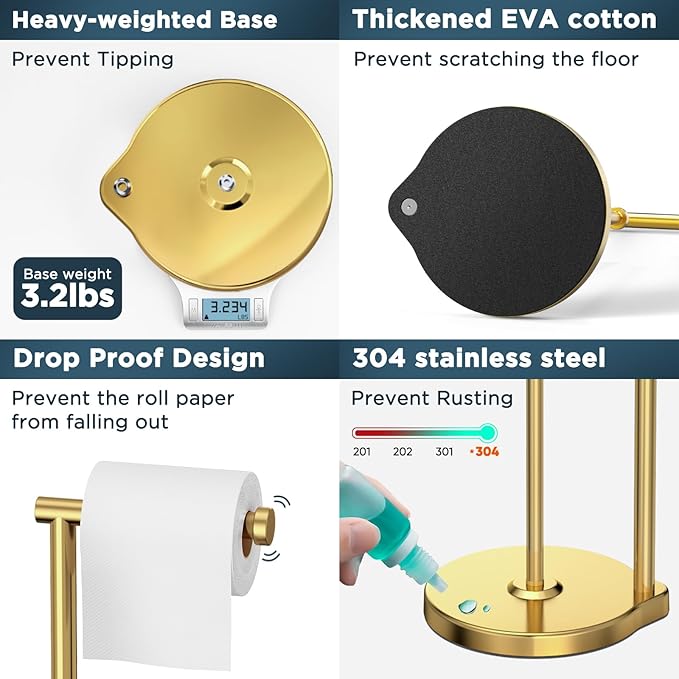 theaoo Heavy-Duty Toilet Paper Holder Stand – Modern Freestanding Bathroom Toilet Tissue Paper Roll Holder with Reserve & Storage, Stainless Steel (Brushed Gold, Free Standing)