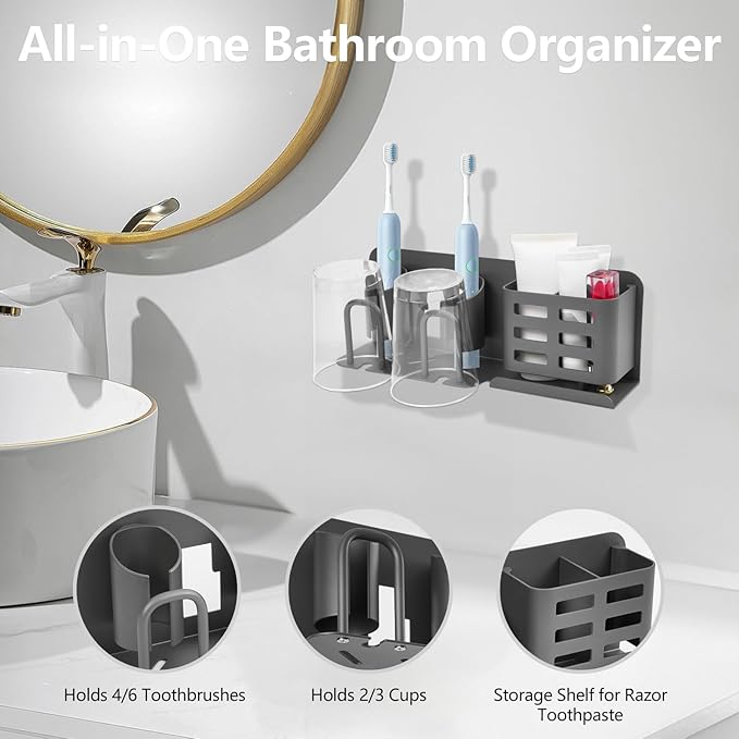Electric Toothbrush Holder Wall Mounted, Aluminum Bathroom Organizer with No Drill - Holds 4 Toothbrushes & Toothpaste (2 Slots)