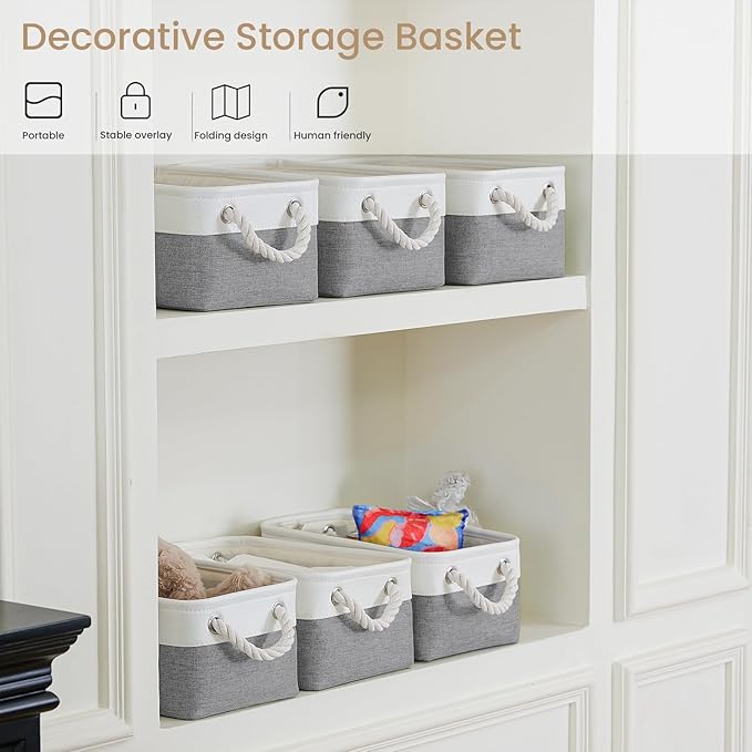 Storage Baskets for Shelves 11.8x7.9x5.2 Inch, Foldable Fabric Storage Bins with Handles, Small Storage Baskets for Organizing Closet, Office, Home Organization (3-Pack, White&Gray)