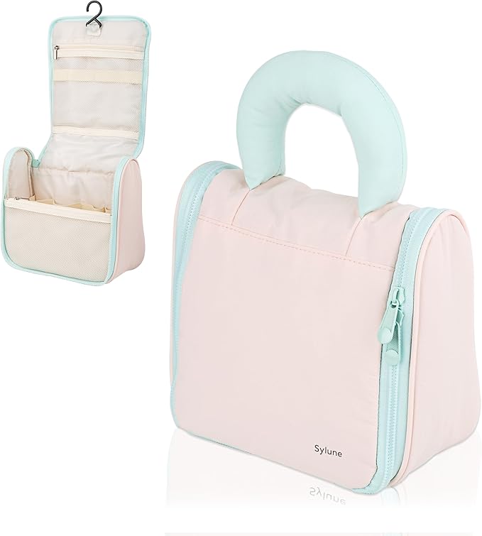 Tuck Hanging Toiletry Bag - Water-Resistant Travel Makeup Organizer with Spacious Compartments & Padded Handle for Women (Blush Petal & Mint) (Tuck Hanging Toiletry Bag)