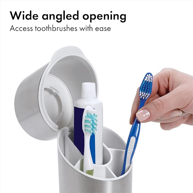 OXO Good Grips Stainless Steel Toothbrush Organizer, Bathroom Organizer and Storage, Toothbrush Holder for Countertop, Sleek Modern Bathroom Accessories