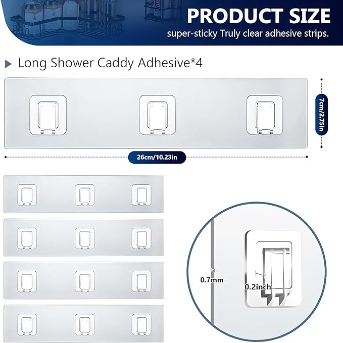 HOREAKHJ Shower Caddy Adhesive Replacement Hooks, Strong Waterproof Strips, No Drilling for Bathroom Shelves, Kitchen Racks, and Soap Holders (Transparent-4 Pack 3 Hook)