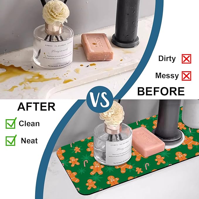 Christmas Gingerbread Man Sink Splash Guard Gingerbread Man Faucet Absorbing Mat Fast Drying Mat Sink Gadgets Splash Guard Behind Faucet Drip Catcher for Kitchen Bathroom, 15.5"x5.5"