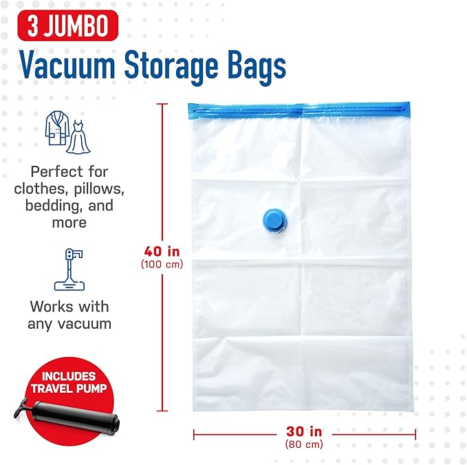 Spacesaver 3 Pack Jumbo Vacuum Storage Bags - 40"x 30 Heavy Duty Blanket Storage Bag with Pump - Space Saver for Clothes, Comforters, and Bedding - Compression Bags to Store Blankets for Travel