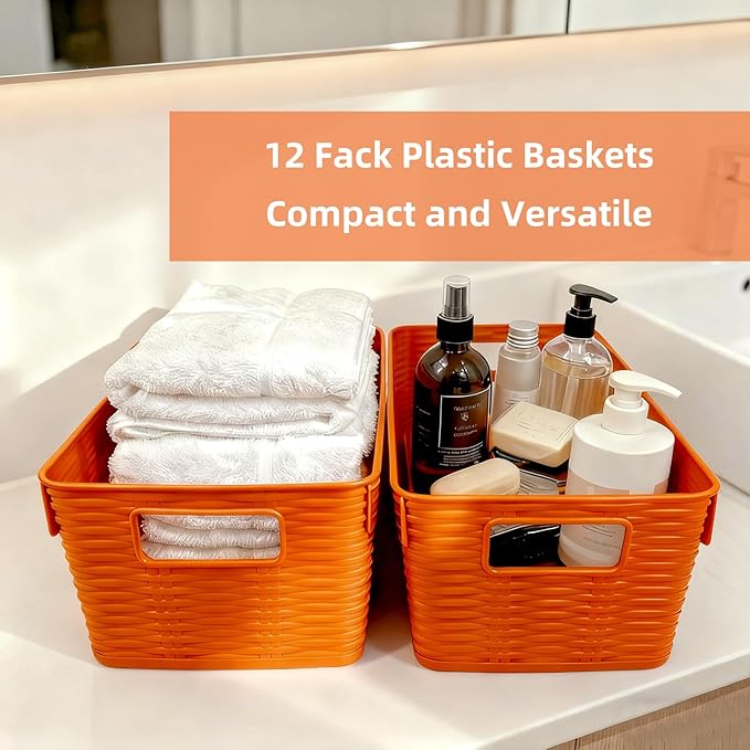 12-Pack Plastic Storage Baskets, Stackable & Nestable Organizer Bins for Toys, Clothes, Home (Orange - Rectangular)