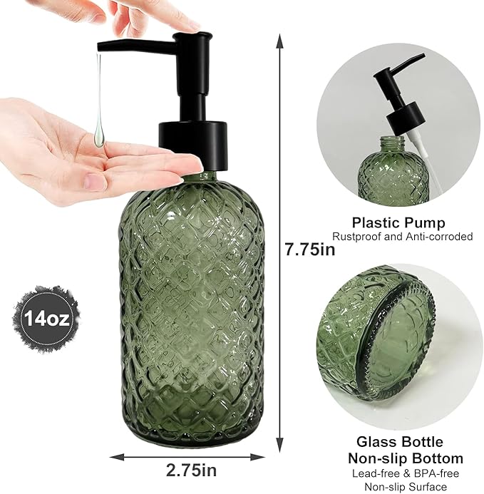 Green Glass Soap Dispenser with Black Pump, 13.5oz Liquid Hand Soap Dispenser Set, Dish Soap Lotion Dispenser for Modern Home Decor, Bathroom, Kitchen Countertop, Hotel