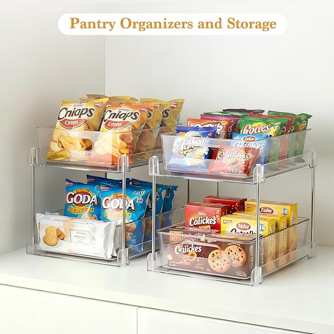 2 Pack Under Sink Organizer, 2 Tier Clear Bathroom Organizers and Storage, Pull-Out Medicine Cabinet Organizer, Multi-Purpose Cabinet Organizer with Track for Bathroom, Kitchen, Pantry, Vanity Storage
