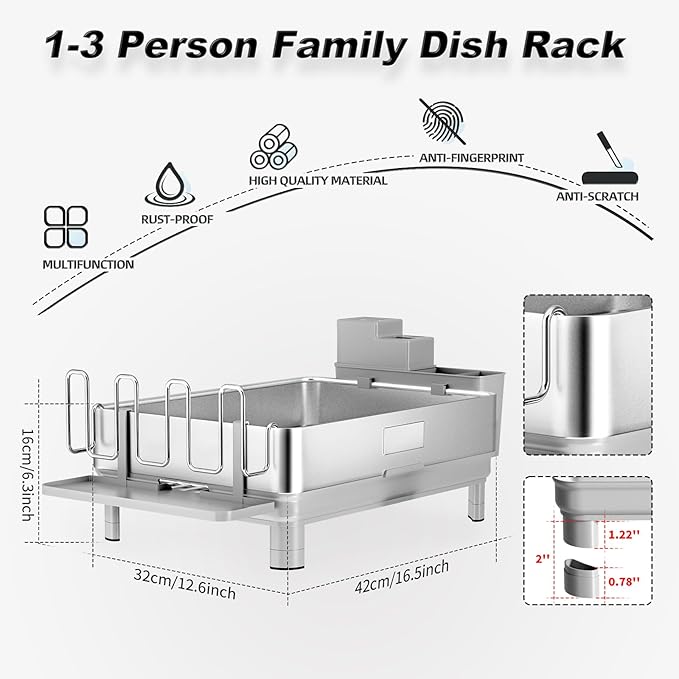 Dish Drying Rack, 304 Stainless Steel Dish Racks for Kitchen Counter, Dish Drainers with Automatic Drainage, Utensil Holder & Cups Holder, Space Saving Kitchen Organizer, Gray