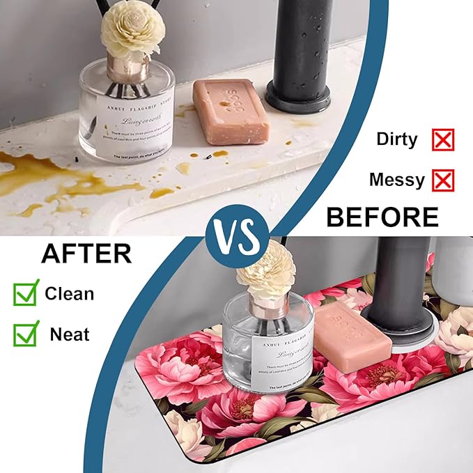 Garden Flowers Sink Splash Guard Faucet Mat Watercolor Peonies Super Absorbent Fast Drying Mat Sink Gadgets-Splash Guard Behind Faucet Drip Catcher for Kitchen Bathroom, 15.5"x5.5"