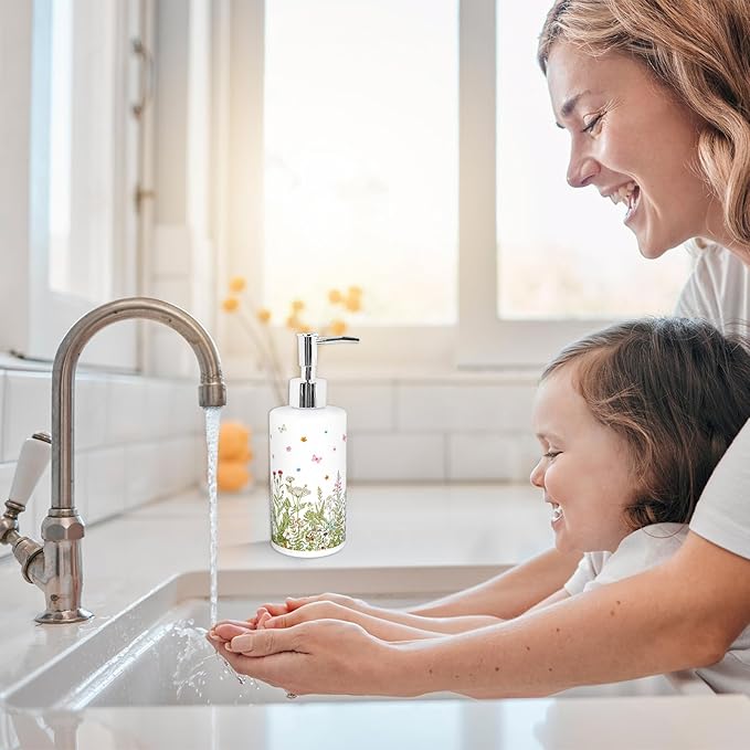 Wildflower Soap Dispenser Vintage Wild Floral Glass Soap Dispenser with Pump Refillable Liquid Soap Container for Bathroom Kitchen Countertop Decor