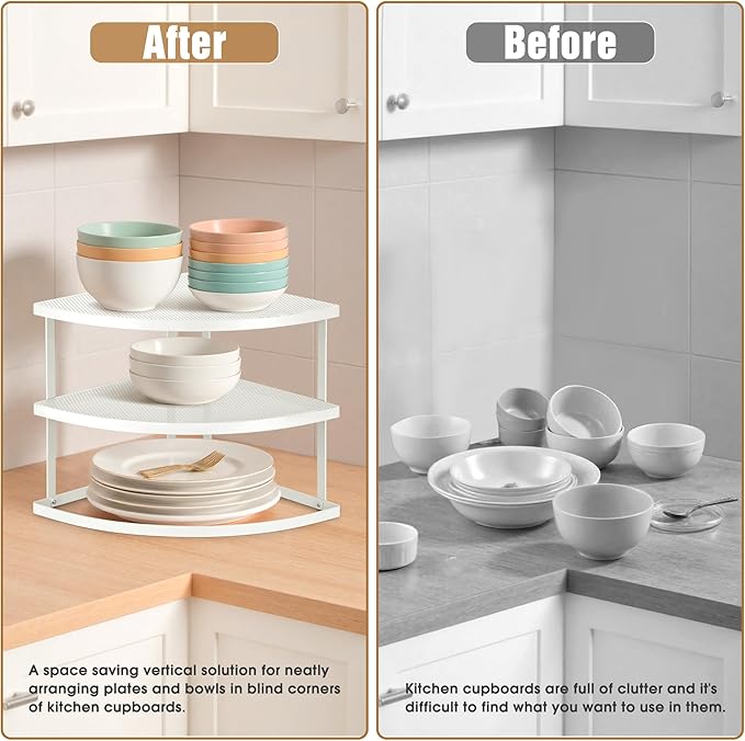 ROFAY 3-Tier Metal Corner Shelf Plate Organizer for Kitchen Counter & Cabinet, Corner Rack for Plates, Dishes, Pantry, and Bathroom Storage, Rust-Resistant Steel, Space-Saving Design (White)