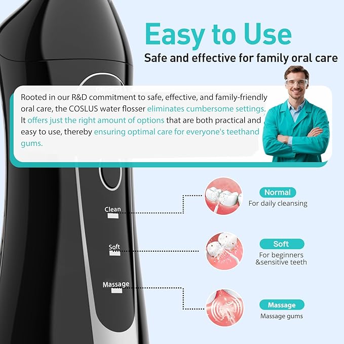 COSLUS Water Dental Flosser Teeth Pick C20(F5020E): Portable Cordless Oral Irrigator 300ML Rechargeable Travel Irrigation Cleaner IPX7 Waterproof Electric Flossing Machine for Teeth Cleaning
