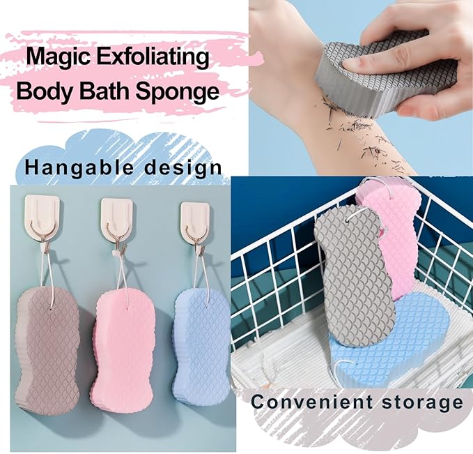 3PCS Magic Exfoliating Body Bath Sponge, Soft Exfoliating Bath Sponge,Remover Dead Skin and Reusable (Blue, Pink, Gray)