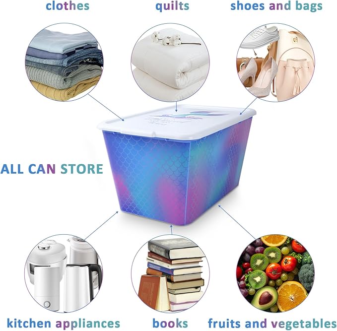 Storage Organizer Bins with Lids - 4PC 58QT Heavy-Duty Container Boxes Stackable and Nestable Storage Bins Plastic Large Storage Totes Rainbow Mermaid Bins for Home, Office, and Garage