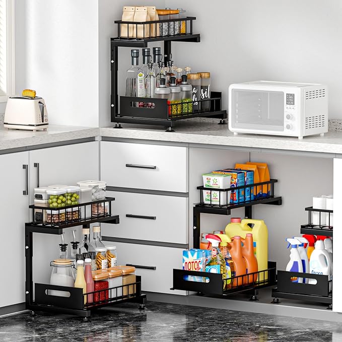 Under Sink Organizer, 2-Tier Premium Metal Pull-Out Racks with Adjustable Height, Heavy Duty Sliding Bin for Bathroom and Kitchen Cabinet Storage, Rust Resistant 2 Pack Black