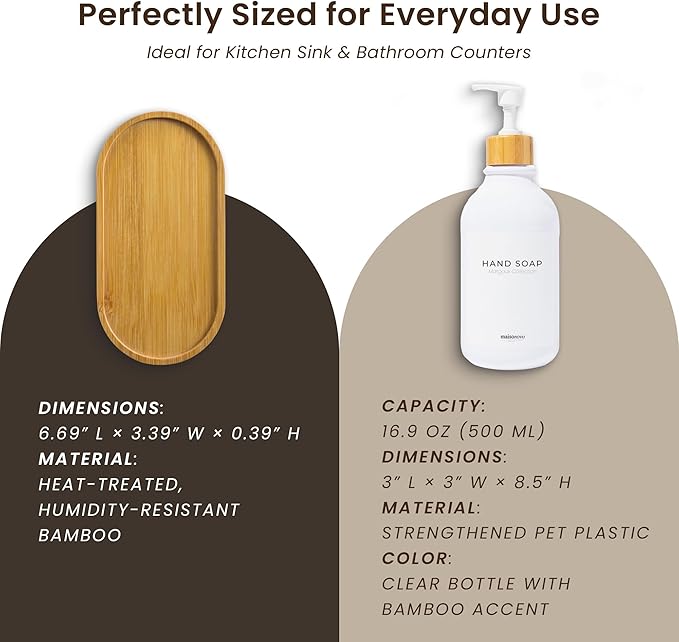 MaisoNovo Soap Dispenser Bathroom Set of 2-16.9 oz Bathroom Soap Dispenser Set - White Plastic Bottles x 2 with White Bamboo Pumps & Tray