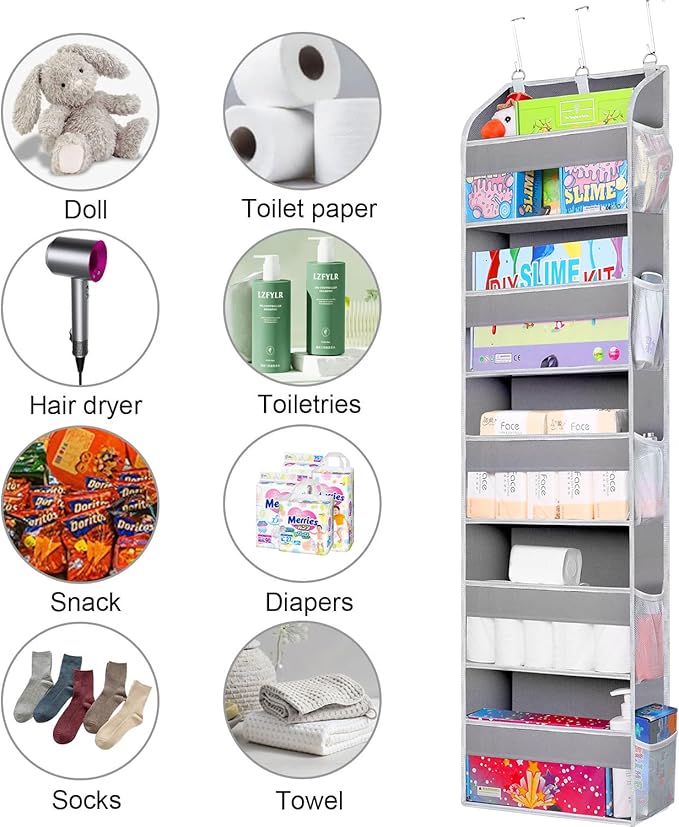 2 Pack Over The Door Storage Organizer with 5 Pockets 10 Mesh Side Pockets, 44 lbs Weight Capacity Door Hanging Organizers and Storage for Bedroom,Bathroom,Nursery,Pantry,Dorm(Light Gray)