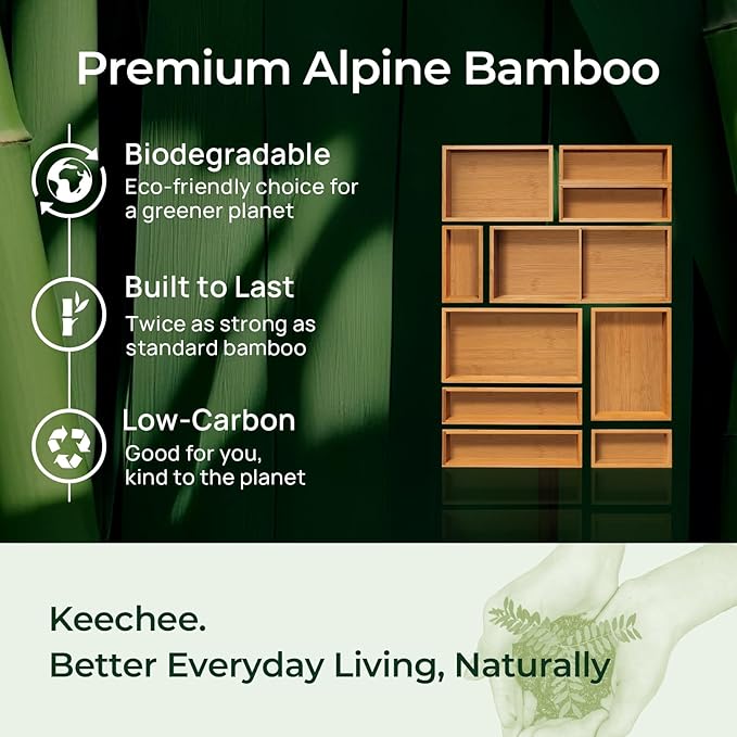 10-Piece Bamboo Drawer Organizer Set, 2.2" Deep Multi-Use Organizers for Utensils, Silverware, Cutlery, Desk, Bathroom, Junk Drawer & Makeup, Non-Slip Feet Included.