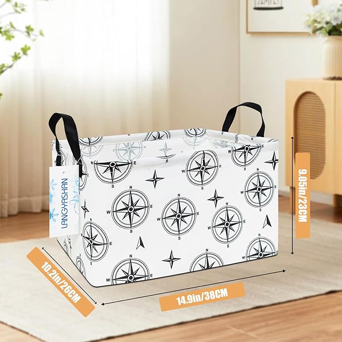 LANGYASHAN Rectangular Storage Bin Collapse Canvas Fabric Cartoon Storage Basket with Handles for Organizing Home Kitchen Boys and Girls Toys Office Closet Shelf Baskets (Rec Black Compass)