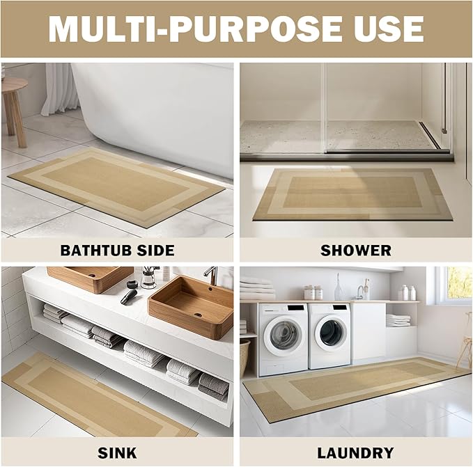 YDKGL Non Slip Long Bathroom Runner Rug Bath Mat, Rubber Backing Ultra Thin Bathroom Rugs Fit Under Door Quick Dry Super Absorbent Washable Shower Mat for Bathtub Sink Floor, Brown 17"x59"